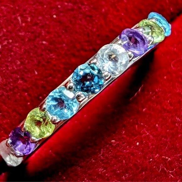 Silver Genuine Gemstone Ring 9 Gems - Picture 1 of 4